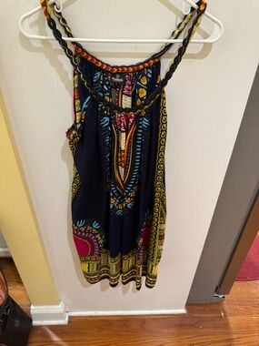 Navy Multicolor Boho Mini Dress with Braided Straps